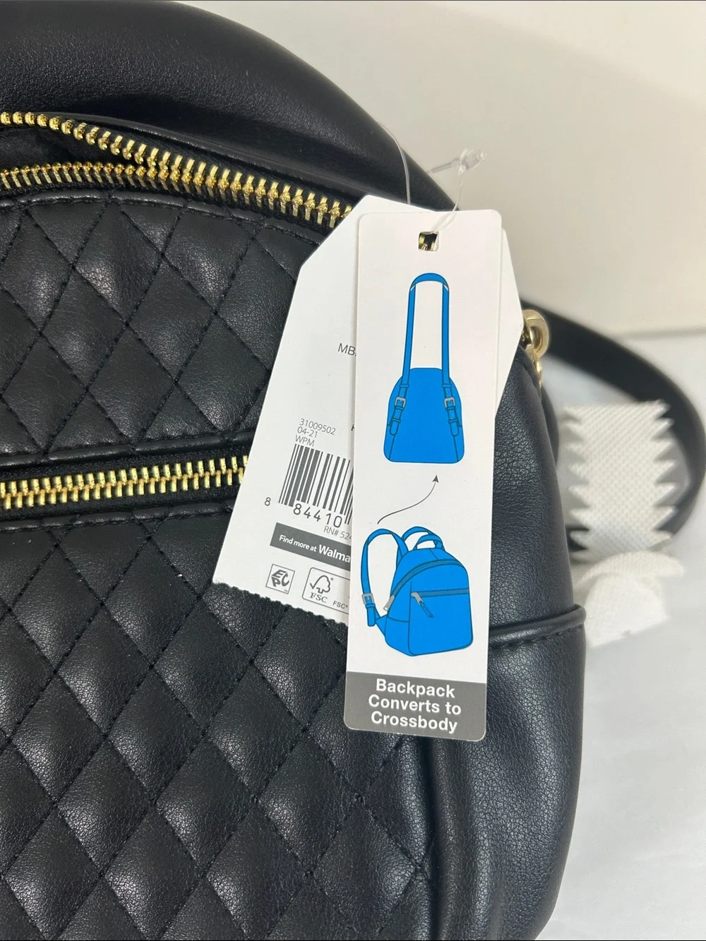 Time and Tru Black Quilted Faux Leather Mini Backpack with Gold Hardware